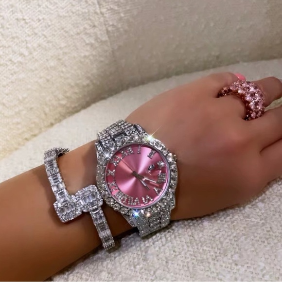 2 piece set Pink and Silver Diamond-Encrusted Bracelet and watch . Size …